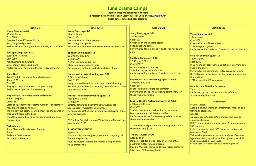 Camp schedule 2017 - Lionheart Theatre